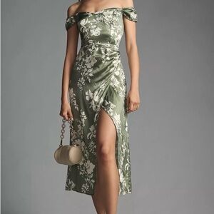 Reformation Dress. Green Flower, Off the shoulder. Size 10